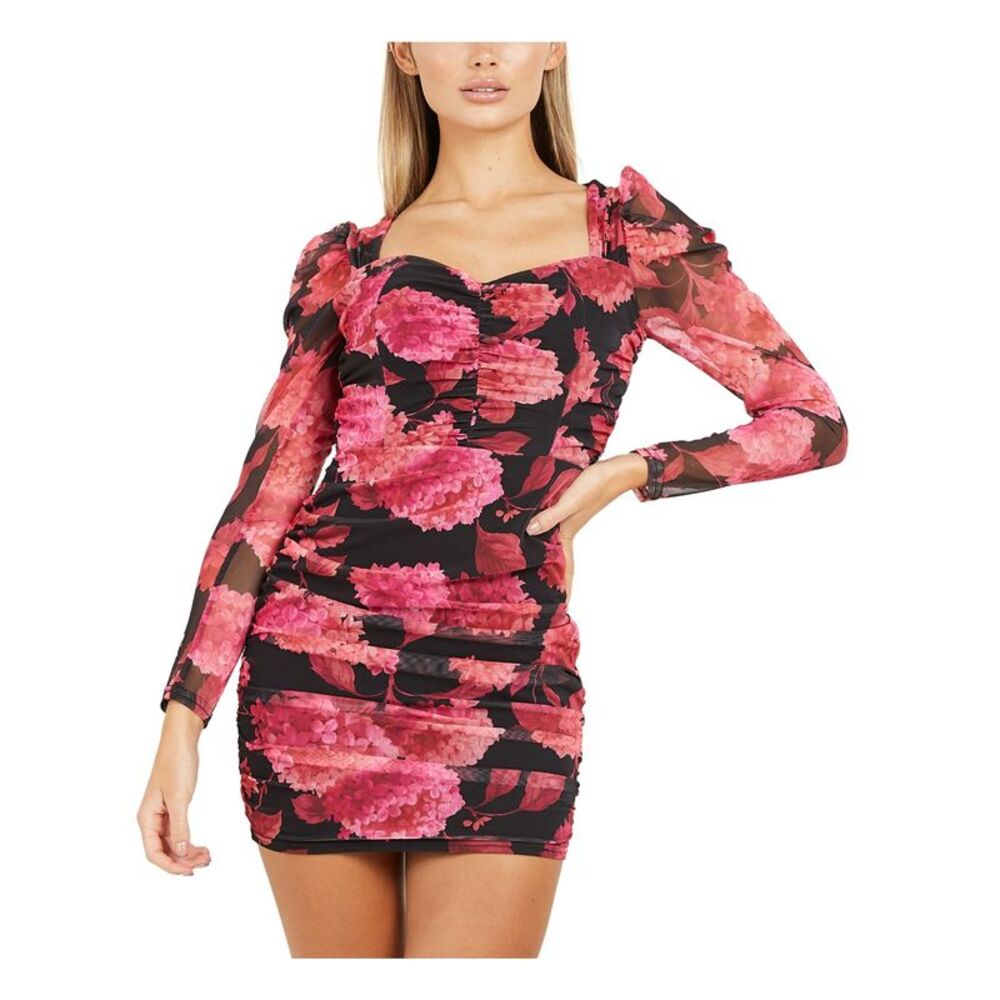 QUIZ Womens Pink Floral Long Sleeve Short Evening Body Con Dress 10